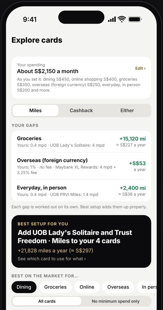 Explore screen showing gaps in your wallet